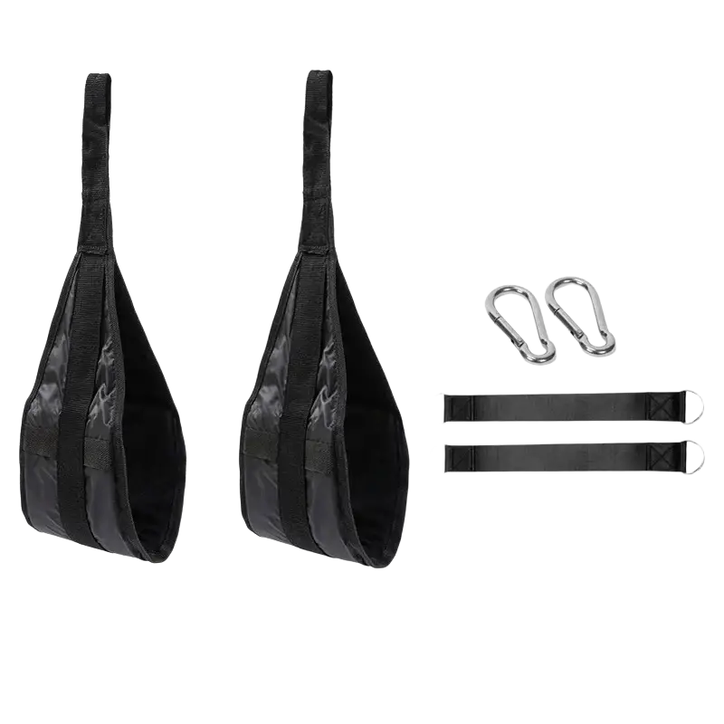 Black quilted fabric ab sling straps with reinforced webbing and metal carabiners for heavy duty hanging leg raises
