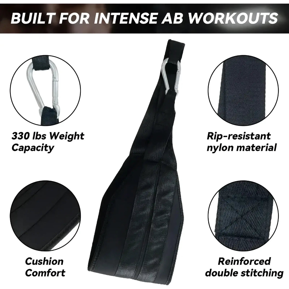 Black nylon ab sling straps heavy duty suspension training belt with reinforced stitching and silver carabiner clip