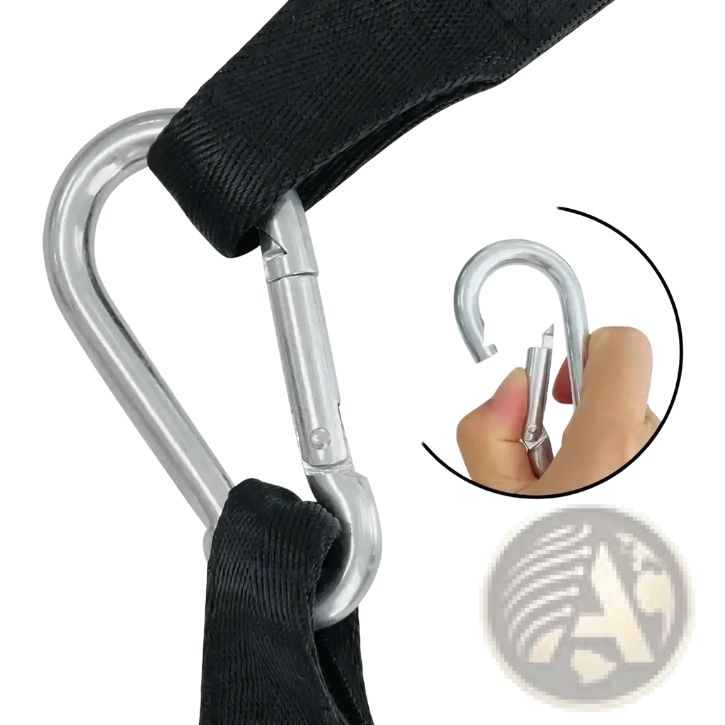 Silver carabiner attached to black webbing strap on ab sling straps heavy duty suspension training belts