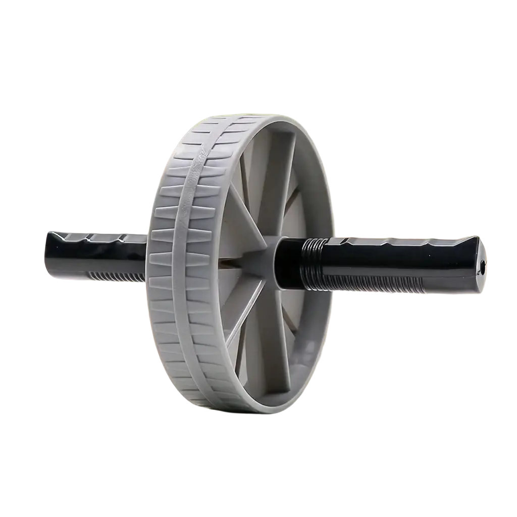 Ab wheel roller core exercise equipment with gray and black ribbed wheel and textured grip handles for core workouts