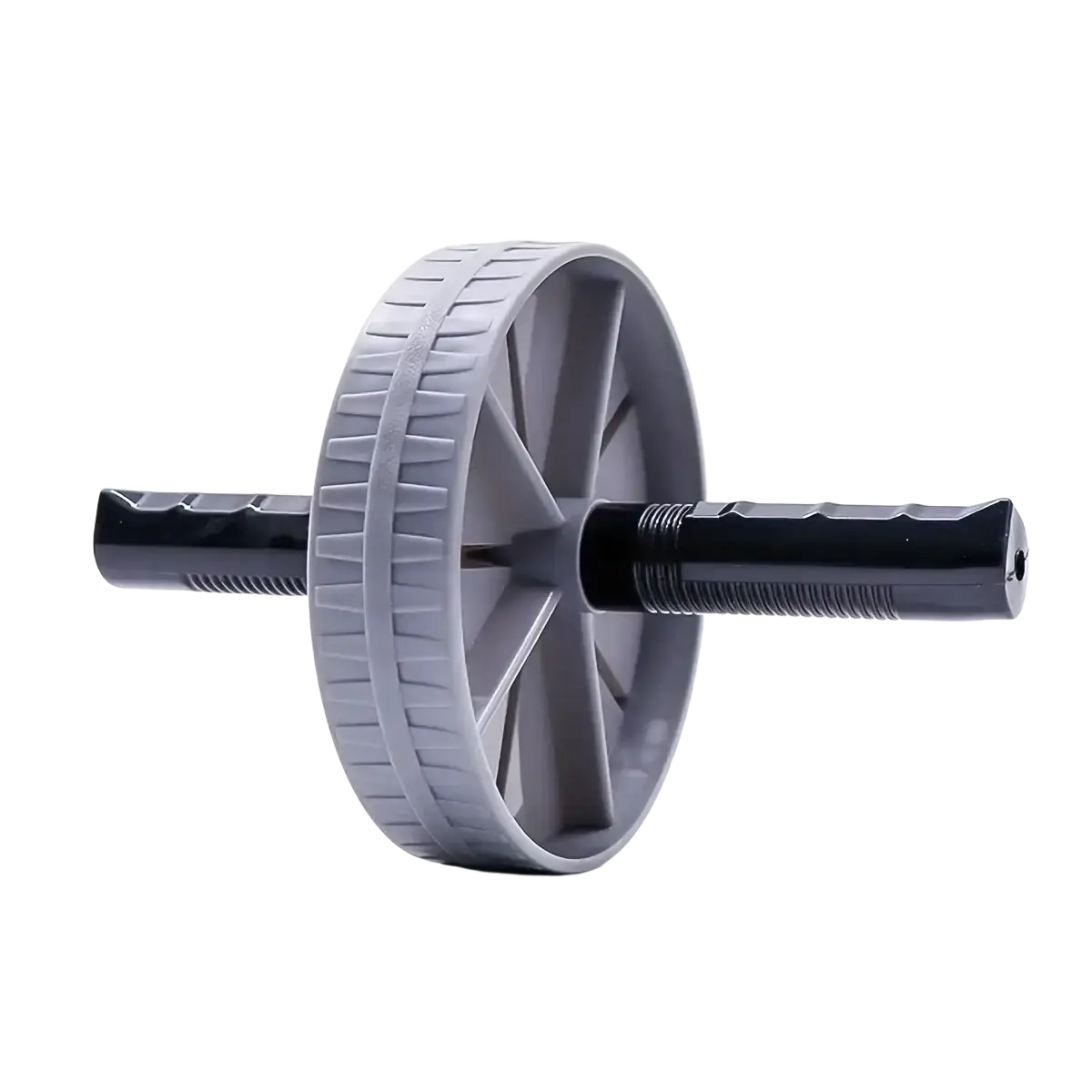 Gray and black ab wheel roller core exercise equipment with textured grip handles and ribbed wheel for core exercise