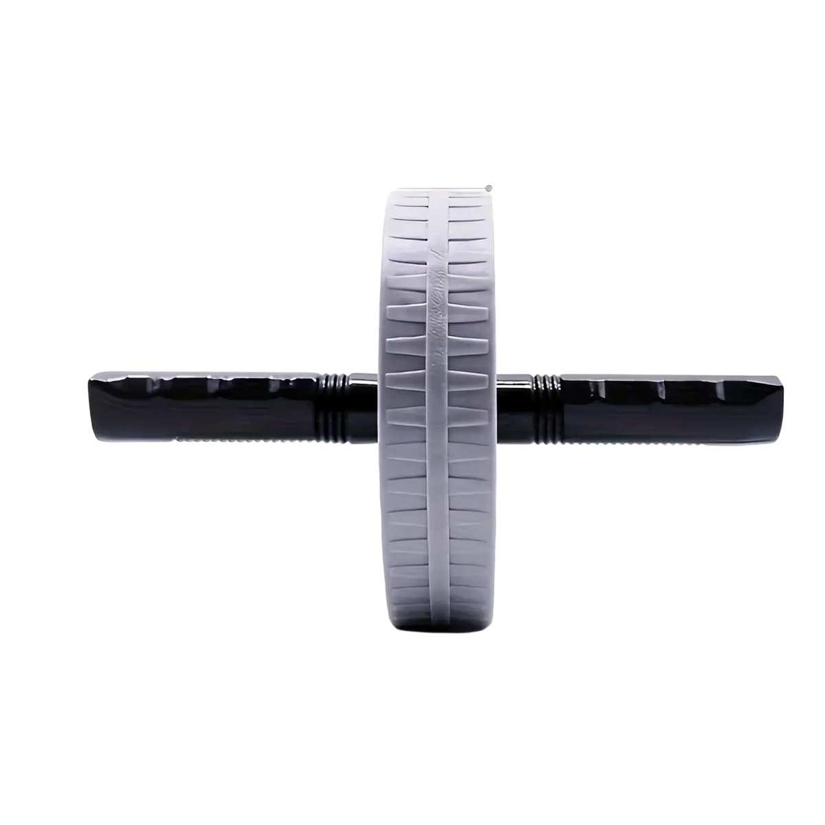 Gray and black ab wheel roller core exercise equipment with textured grip handles and ribbed wheel for stability