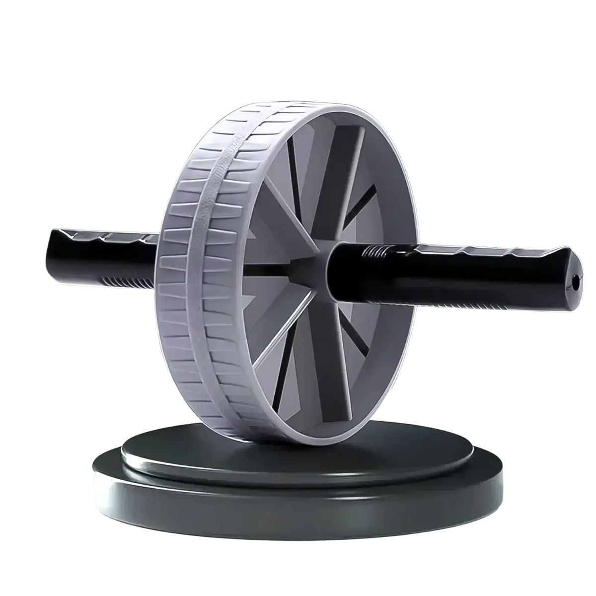 Gray and black ab wheel roller core exercise equipment with textured grip handles and ribbed wheel on matching base