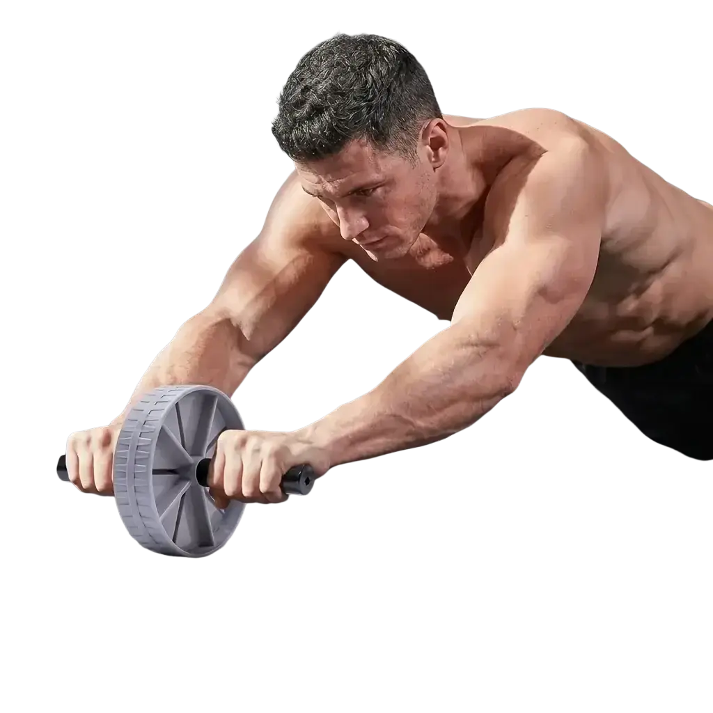 Gray plastic ab wheel roller core exercise equipment with textured grip handles and a ribbed wheel for roller core exercise