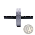 Gray and black ab wheel roller core exercise equipment with textured grip handles and ribbed wheel for stability