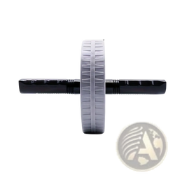 Gray and black ab wheel roller core exercise equipment with textured grip handles and ribbed wheel for stability