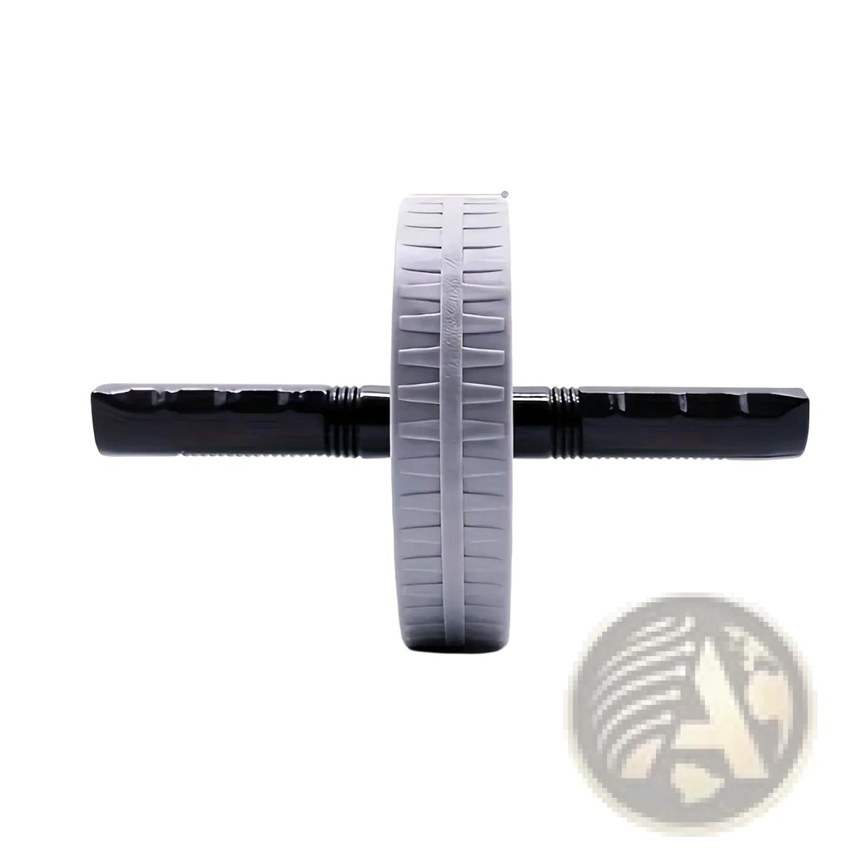 Gray and black ab wheel roller core exercise equipment with textured grip handles and ribbed wheel for stability