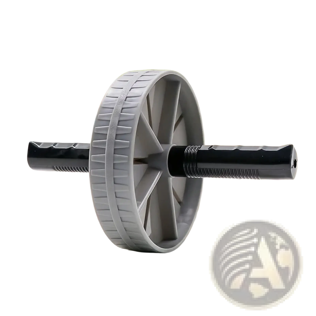 Ab wheel roller core exercise equipment with gray and black ribbed wheel and textured grip handles for core workouts