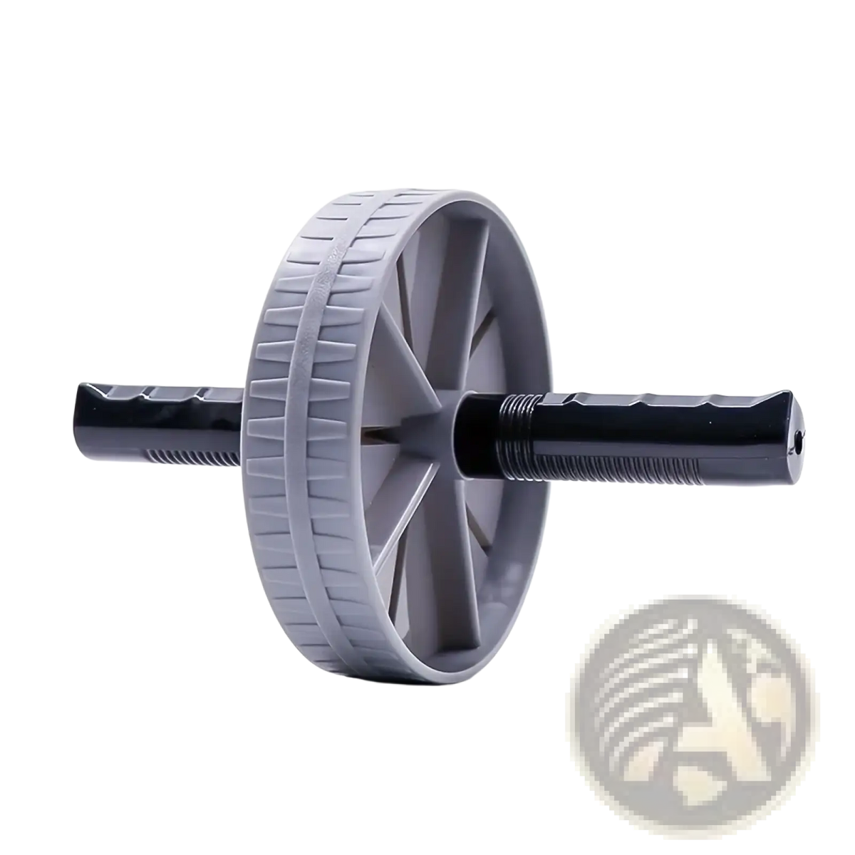 Gray and black ab wheel roller core exercise equipment with textured grip handles and ribbed wheel for stability