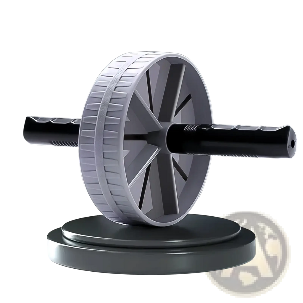 Gray and black ab wheel roller with textured grip handles and ribbed wheel design for core exercise equipment