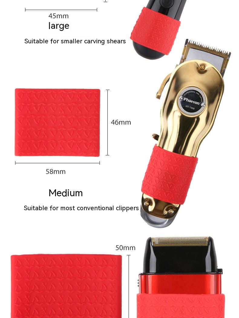 Gold-colored electric hair clipper featuring red textured anti-slip silicone grip sleeves for secure handling.