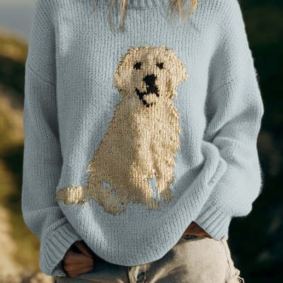 Light blue knitted hoodie featuring a detailed golden retriever embroidered in textured knitwork.