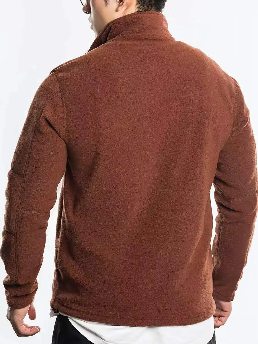 Men’s quarter zip polar fleece pullover hoodie in brown featuring a high collar and long sleeves made of warm fleece material.
