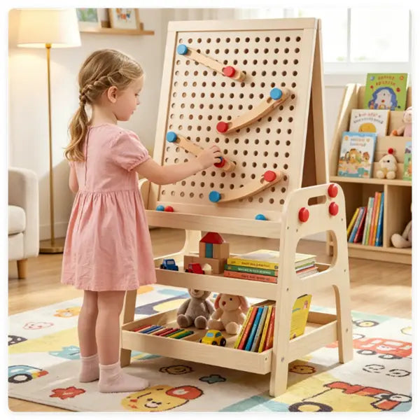 Light wood pegboard toy with red and blue balls on wooden tracks integrated into a wooden art easel with marble run and storage shelves.
