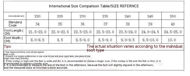 Internationale Größenvergleichstabelle für Split-toe-Tabi-Lederpumps mit mittlerer Absatzhöhe, Hufeisenschuhen, die die Fußlängen- und Fußbreitenmessungen in Zentimetern sowie die entsprechenden Standardgrößencodes zeigt
