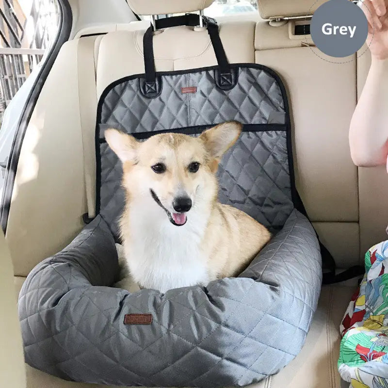 Grey quilted waterproof pet car seat bed with black trim and adjustable straps for foldable dog carrier use.
