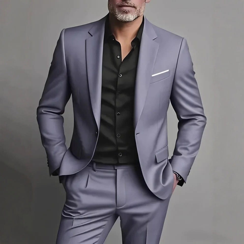 A sleek tailored gray men slim fit satin suit two piece with subtle sheen and structured lapels.