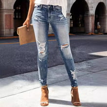 women’s high-waisted stretch skinny jeans in distressed blue denim with ripped knees and a slim fit design