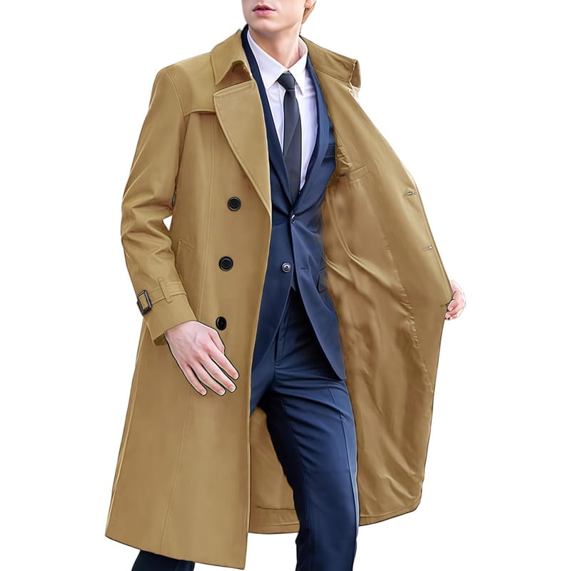 Men solid color long trench coat in tan wool with black buttons and a belted waist for formal wear.