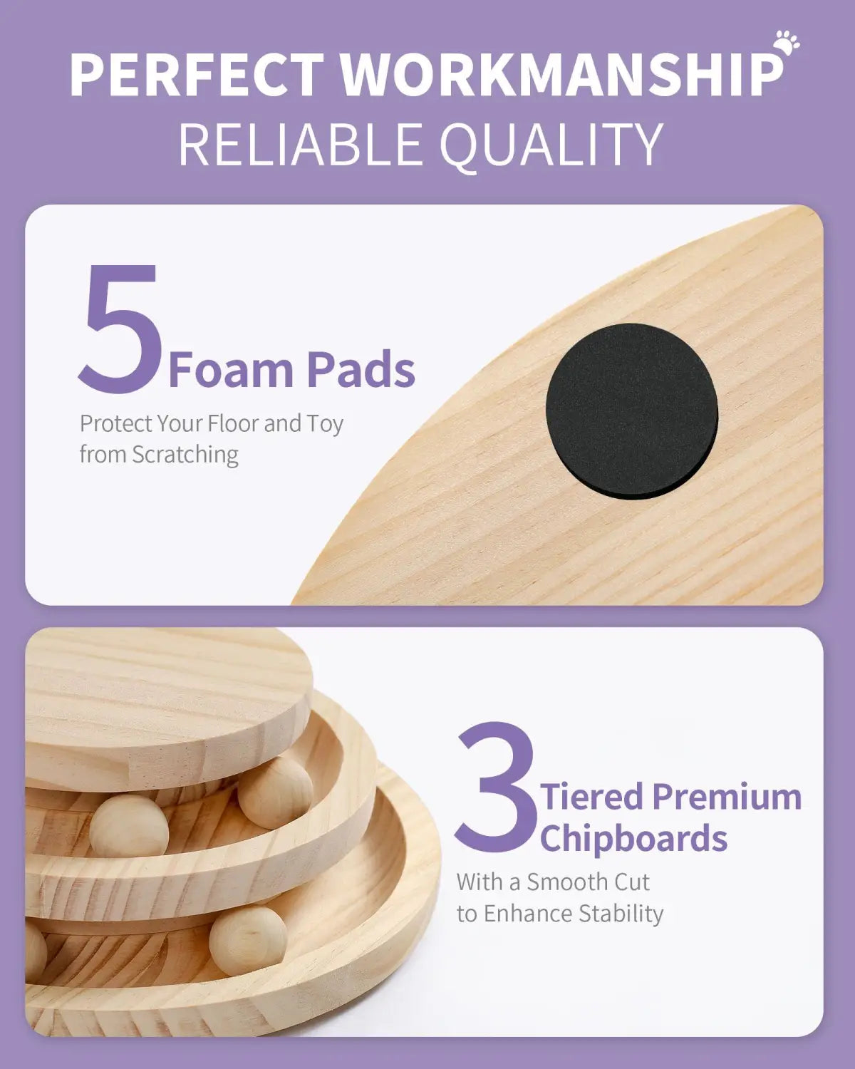 Griffoir pour chat en bois clair, avec trois niveaux en panneaux de particules superposés, corde en sisal, piste à balles et cinq patins en mousse pour la protection du sol.