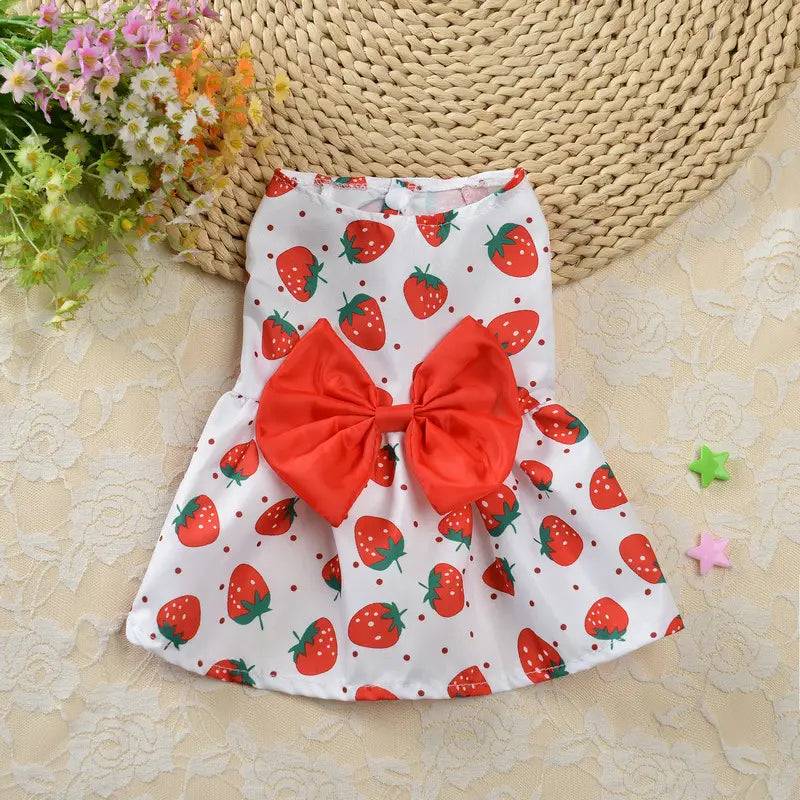 White dog dress with strawberry pattern and large red bow at the waist floral dog princess dress strawberry daisy pet apparel