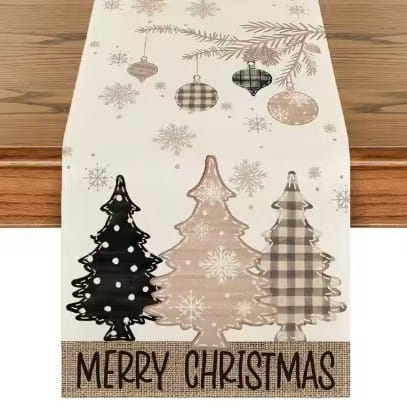 Beige christmas table runner 183x33 featuring black tan and plaid patterned trees with hanging ornaments and snowflakes festive holiday decor.