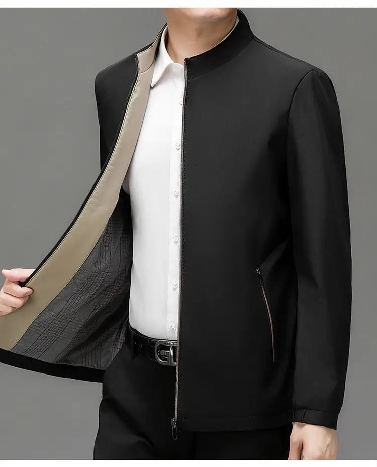 Men casual polo bomber jacket in black with a zip-up front and contrasting beige and gray plaid interior lining.