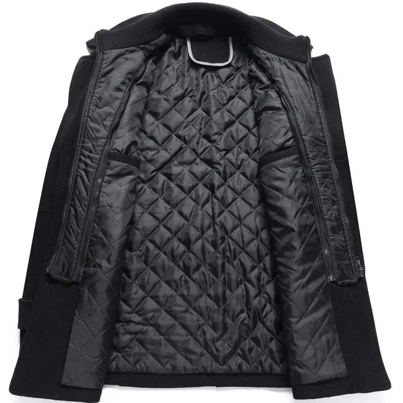 Men wool winter overcoat quilted jacket in black with a soft fleece-lined hood and ribbed cuffs designed for cold weather.