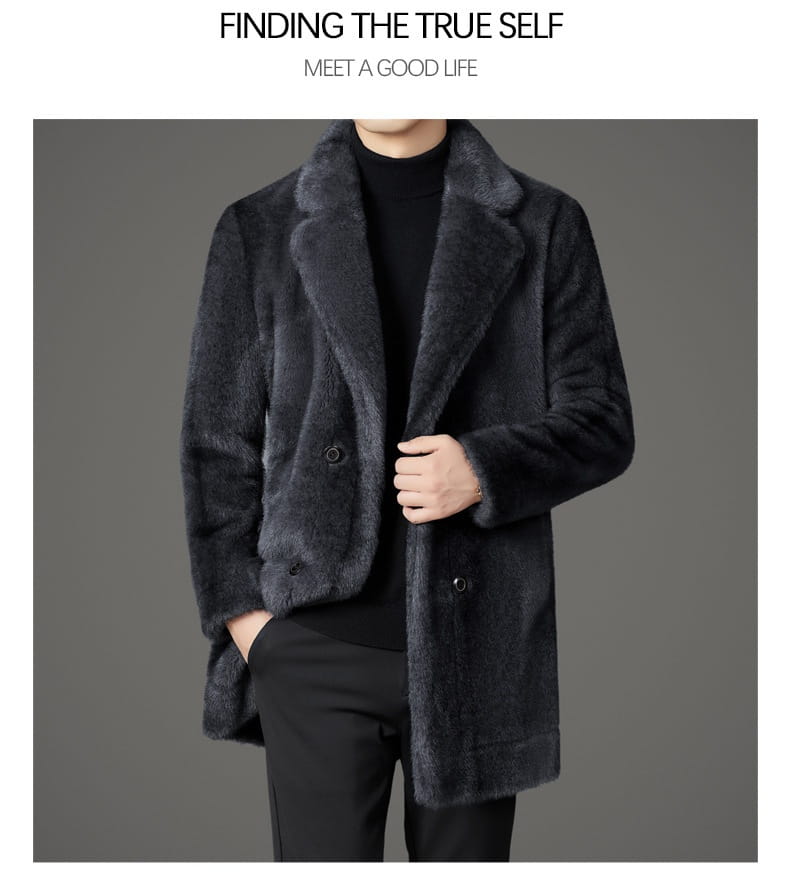 Men’s furs shearling double breasted winter coat in dark gray faux fur with a plush textured surface and classic design.