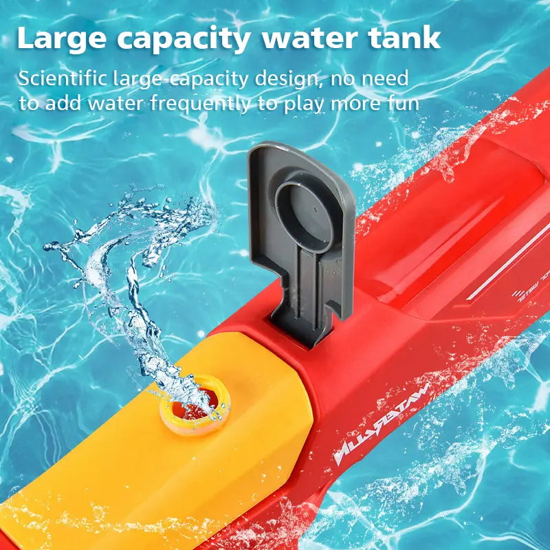 Réservoir d’eau en plastique rouge et jaune avec bouchon noir et logo de la marque millasatan, pour le jouet pistolet à eau électrique Shark à haute pression P90.
