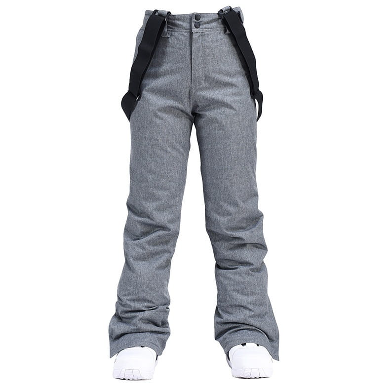 Men waterproof thermal snow pants in gray with black adjustable suspenders and a buttoned waistband shown from the front.