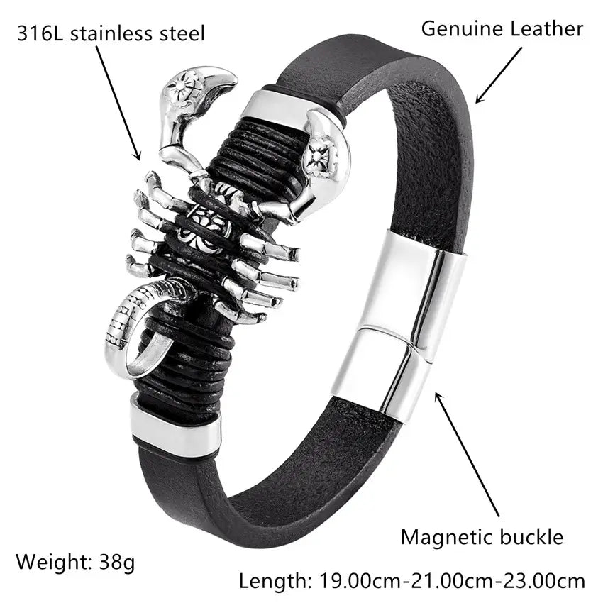 Men’s black leather scorpion bracelet featuring a 316l stainless steel scorpion charm and magnetic clasp.