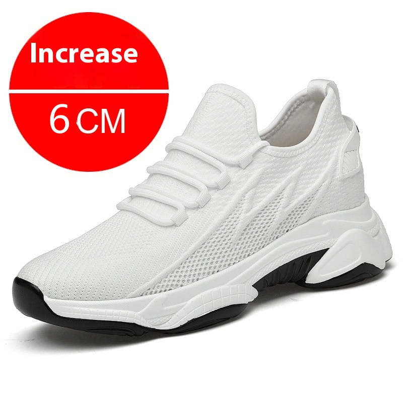 Men’s air cushion running shoes chunky sneakers featuring white mesh material with a chunky white and black sole and an elastic lacing system.
