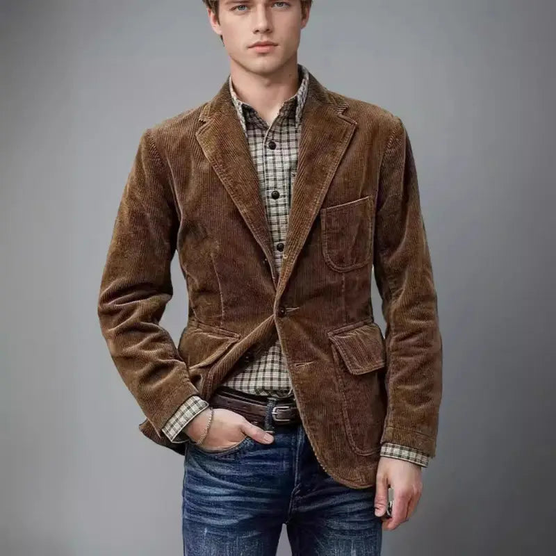 Brown corduroy blazer with a plaid shirt underneath showcasing a minimalist retro casual style for men.