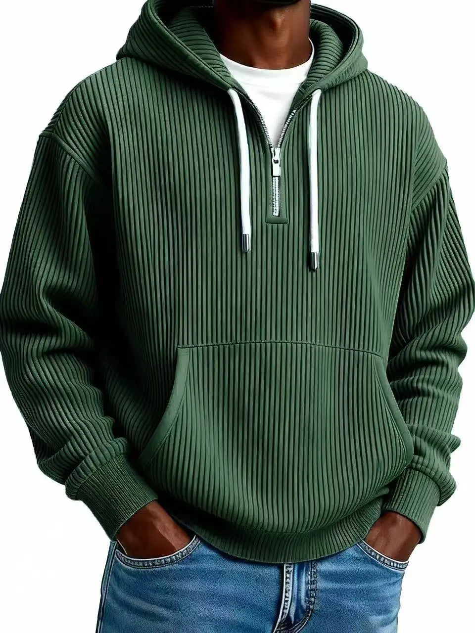 Men’s ribbed corduroy half zip pullover hoodie in dark green with a white zipper and matching drawstrings made from ribbed knit fabric.