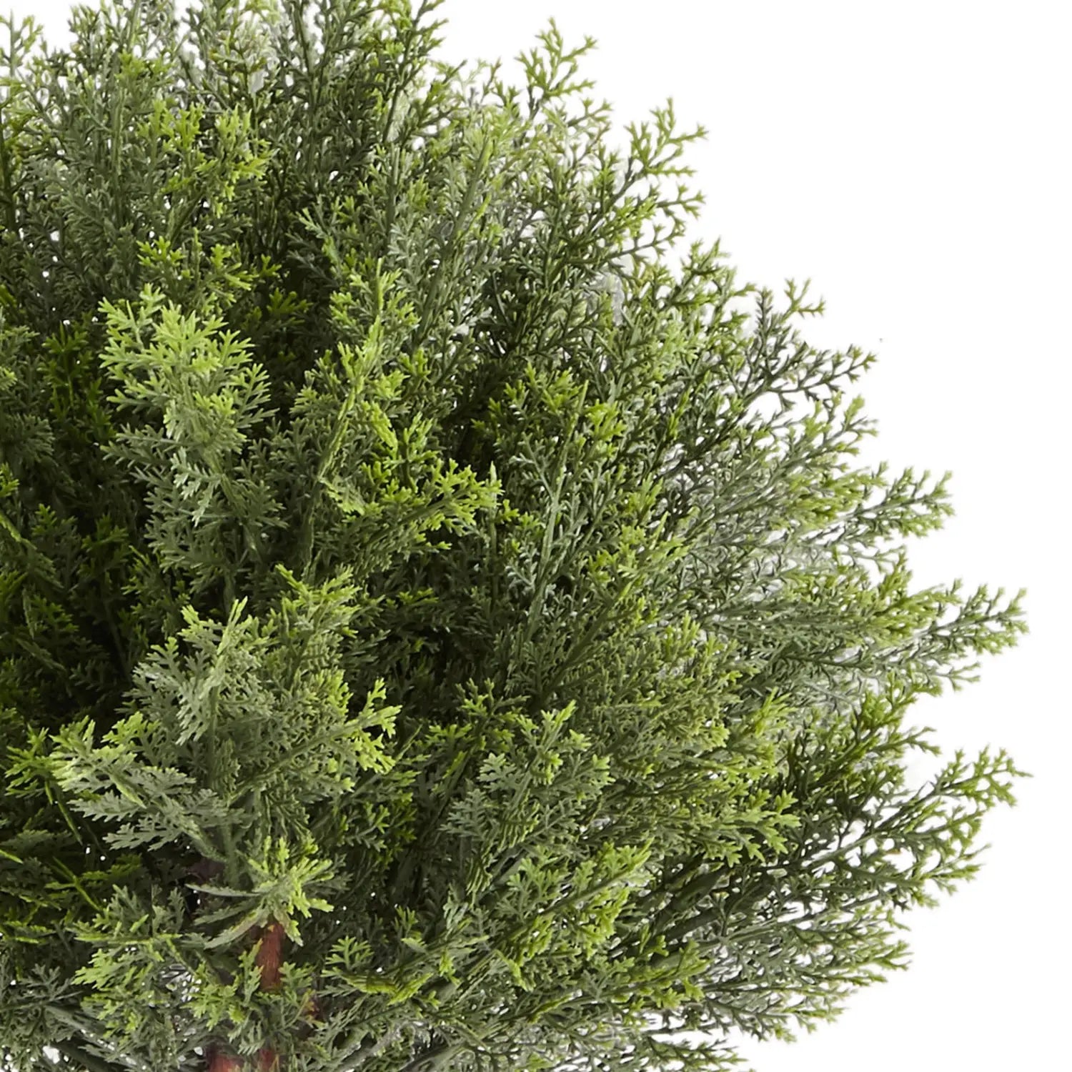 A lush artificial topiary cypress tree with dense needle-like foliage in varying shades of green in a 16 inch 2 pack.