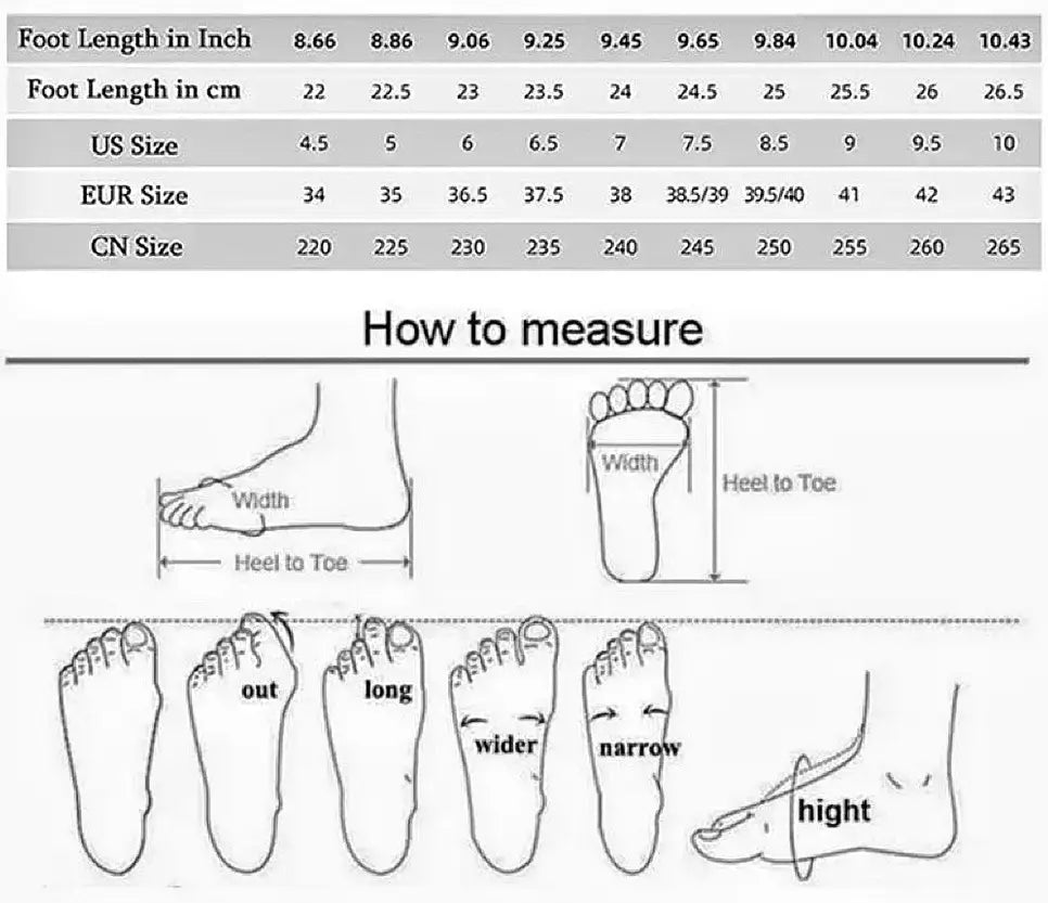 foot size conversion chart showing us eur and cn sizes with measurements in inches and centimeters for satin ribbon high heel ballet flats with leather sole