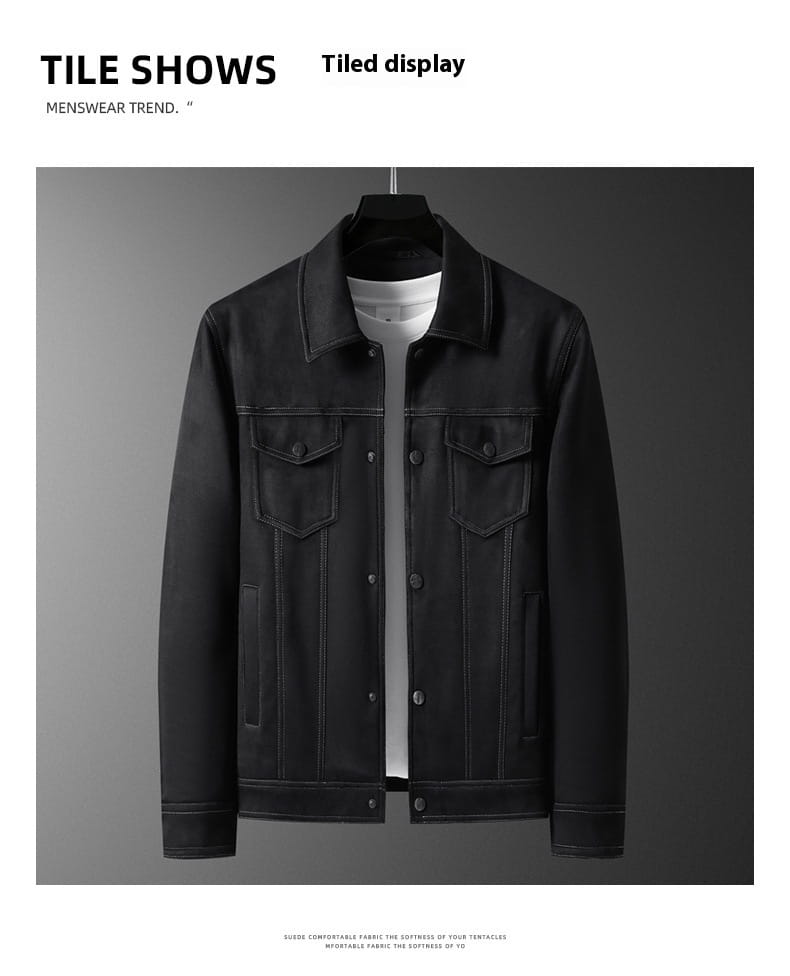 Manteau en suède décontracté ajusté pour homme en denim noir, avec un design classique à boutonnage sur le devant et des poches de poitrine.