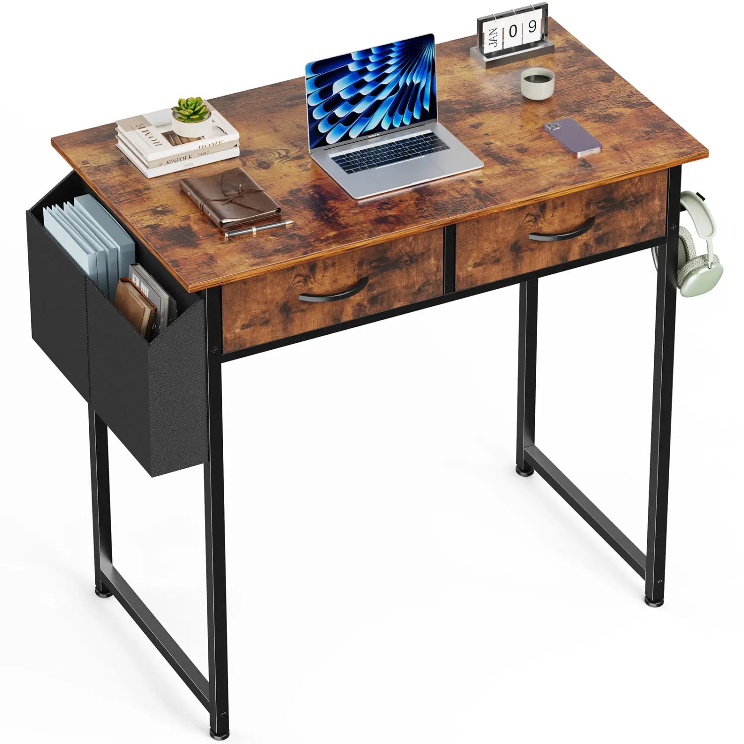 Rustikaler brauner Computertisch aus Holz mit schwarzen Metallbeinen und Schubladen sowie Aufbewahrungsregalen zur Organisation.