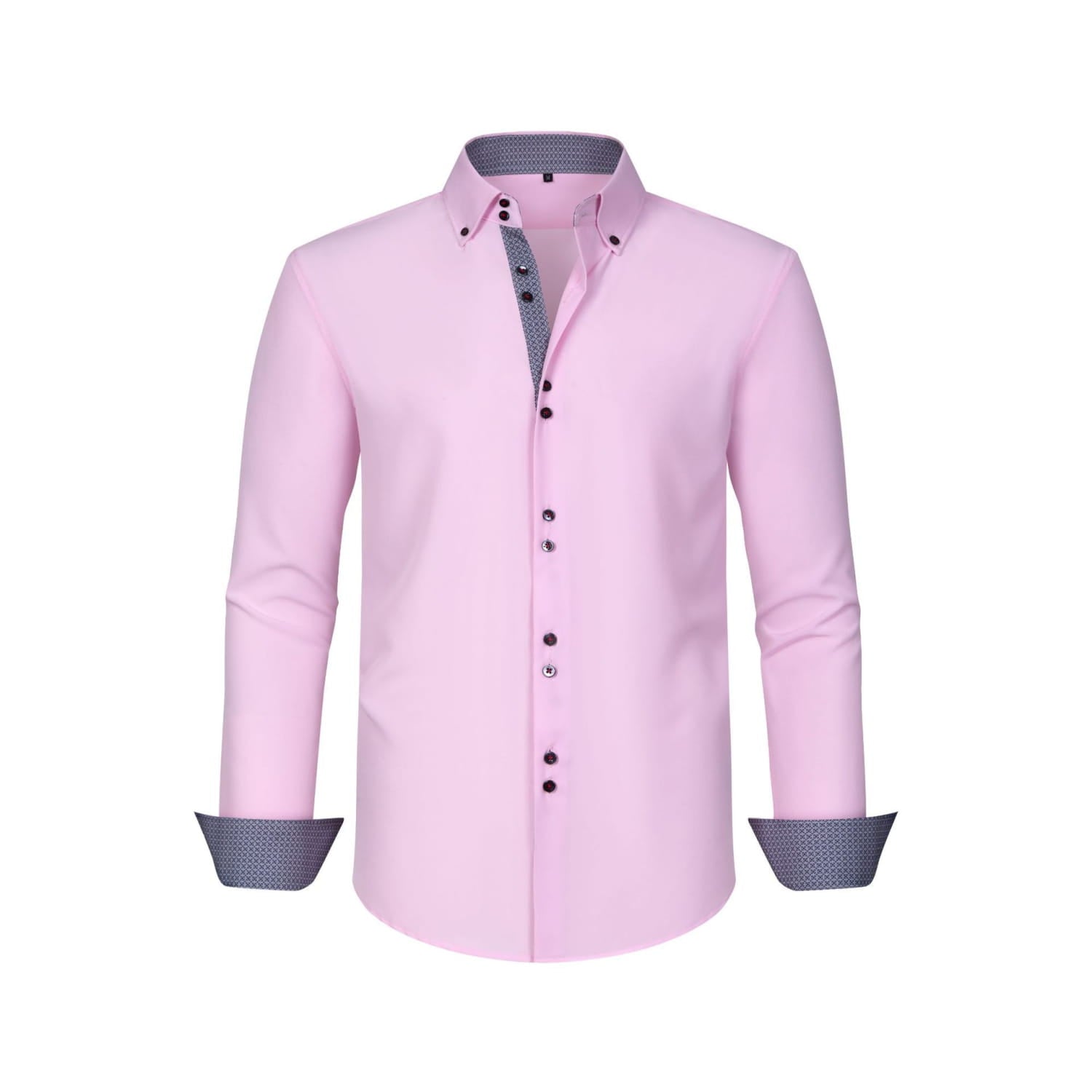 Une chemise habillée stretch à empiècements contrastés rose pâle élégante, présentant un motif texturé discret sur le col intérieur et les poignets.