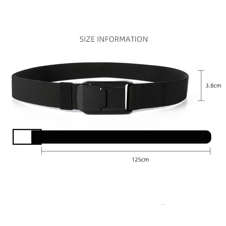 Ceinture tissée extensible tactique avec matière élastique noire et boucle automatique en plastique noir mat, d’une longueur de 125 cm et d’une largeur de 3,8 cm.