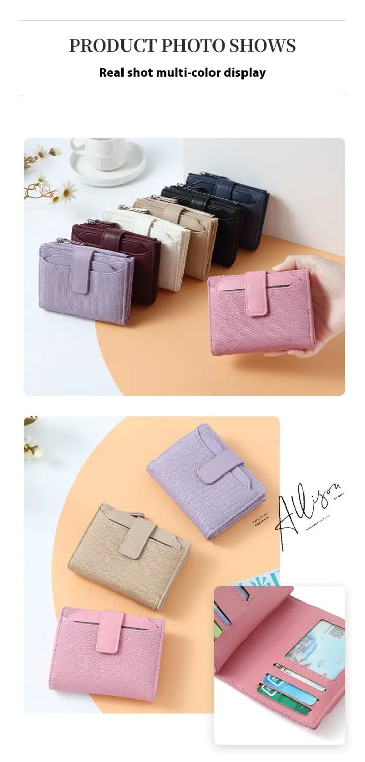 pink leather wallet women’s short woven textured purse with flap closure and multiple card slots