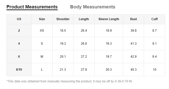The image shows a table with product and body measurements for an elegant black and white patterned satin button up blouse in sizes xs to l including shoulder length sleeve length bust and cuff dimensions.