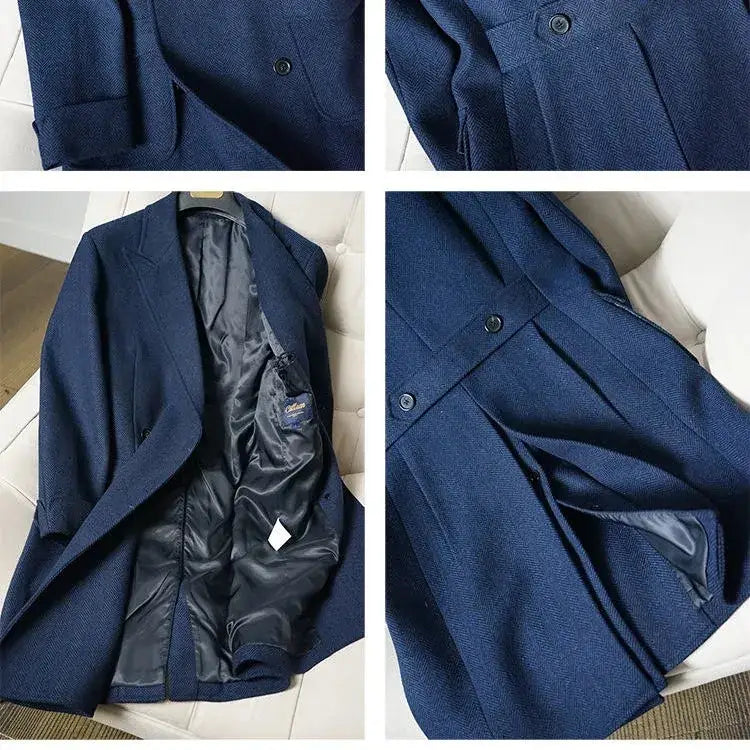 British vintage woolen coat slim tweed blazer in deep navy wool with a subtle herringbone weave and black satin lining.