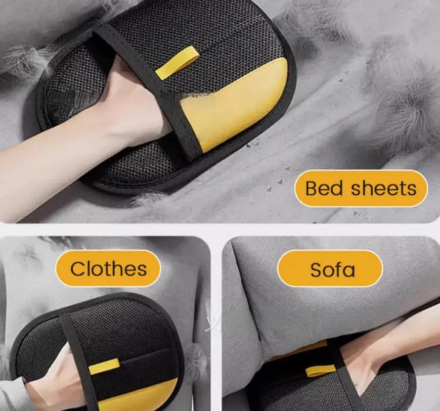 Black and yellow mesh cat hair removal grooming mitt with a padded footbed designed for pet fur removal.