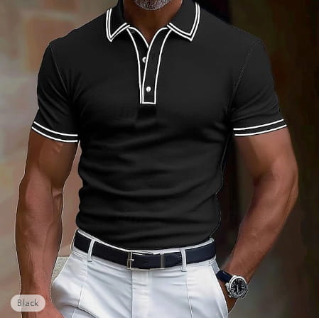men’s business casual modal polo shirt in black with white contrast trim on collar and sleeve cuffs and short sleeves