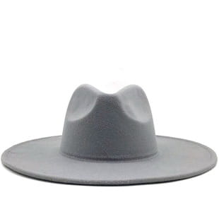A sleek wide-brimmed gray wool fedora hat with a soft felt texture, classic creased crown, and leather belt.