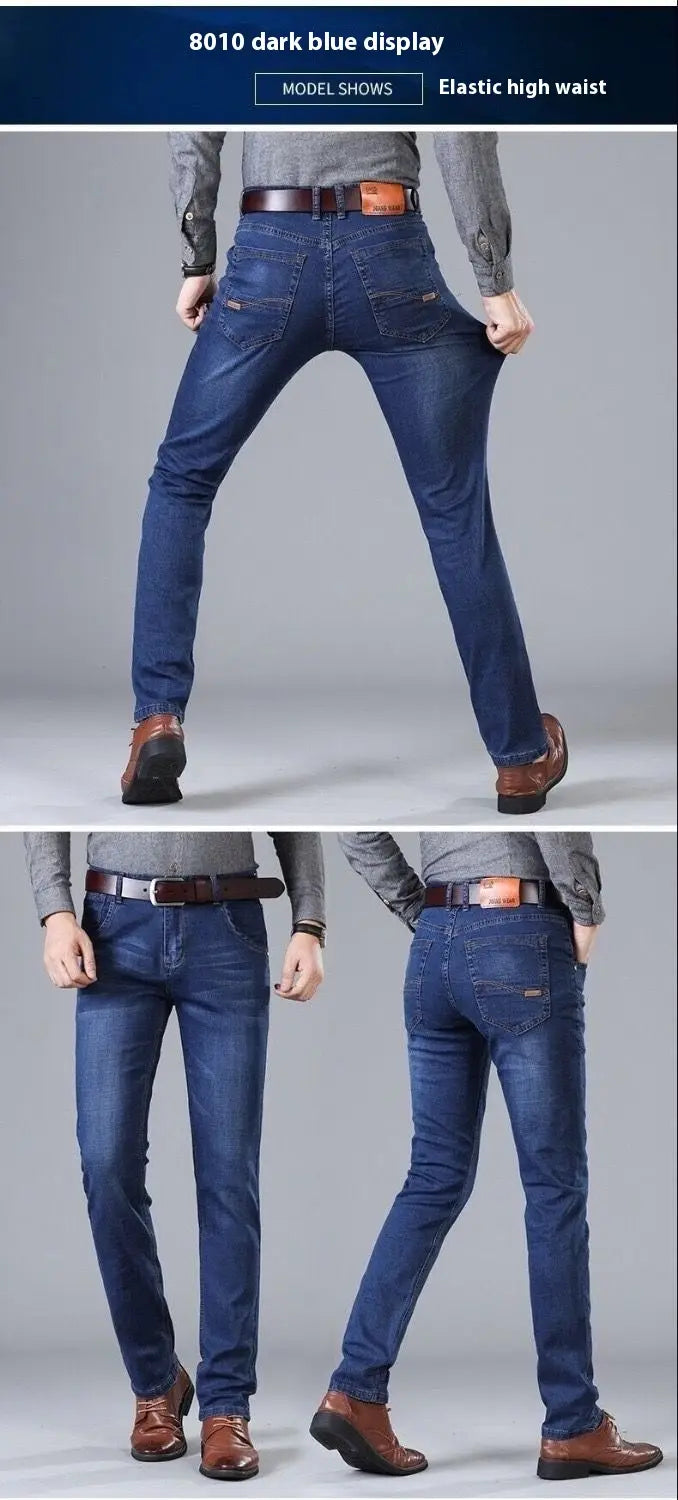 Jeans d’affaires décontractés pour homme à taille haute élastique, coupe slim, en denim bleu foncé, avec un design classique à cinq poches.