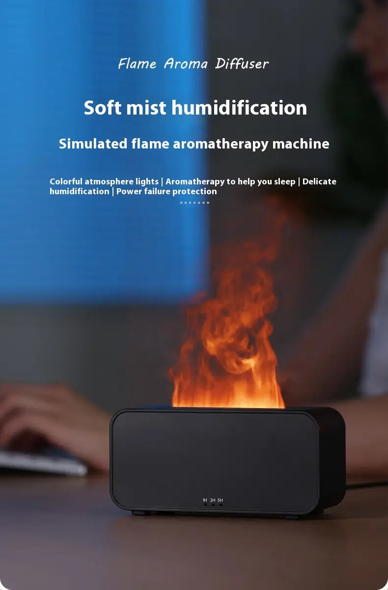Black rectangular flame diffuser humidifier with jellyfish mist effect and simulated flame feature for aromatic use.