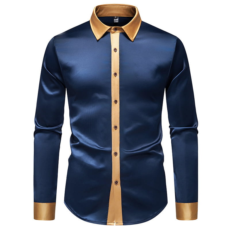 Una elegante camisa de manga larga colorblock de satén azul marino con vivos dorados a lo largo del cuello, la tapeta y los puños.